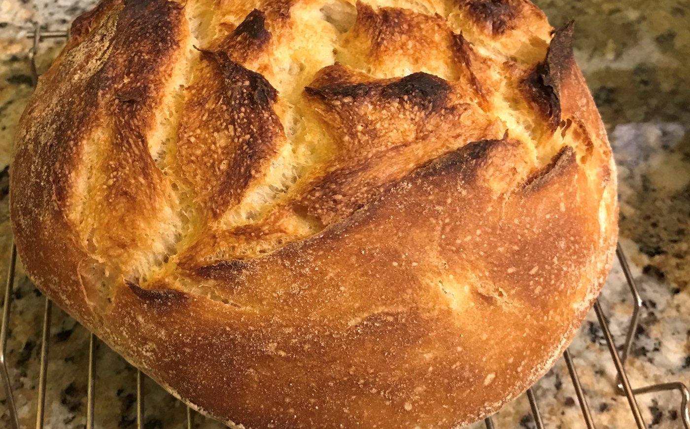 Una pagnotta di pane con la crosta dorata appena sfornata